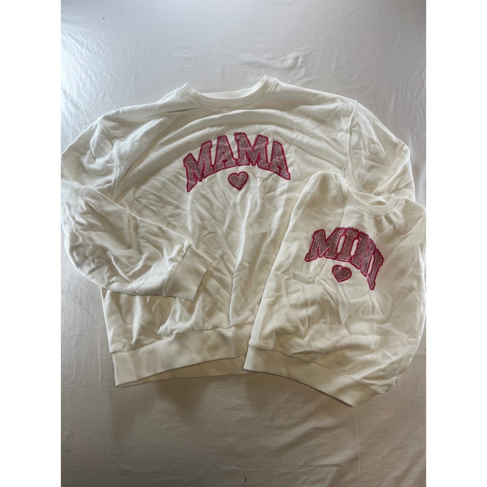 Mama Mini Matching Sweatshirt Set White Rhinestone Heart Sparkle Pink Sz‎ S L